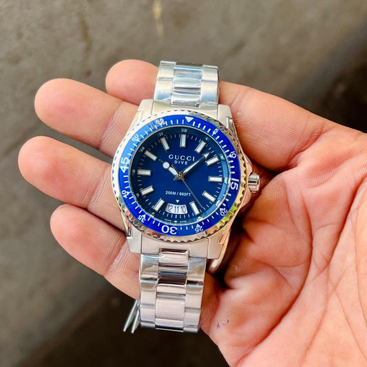 GUCCI DIVE YA136203 BEST HIGH PREMIUM QUALITY PURE JAPAN MACHINE FULL STEEL METAL BELT BLUE DIAL