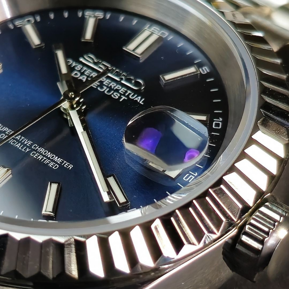 SEIKO Silver Stainless Steel Watch Fluted Bezel Blue Sunburst Dial Jubilee Bracelet Premium Automatic Watch – Men