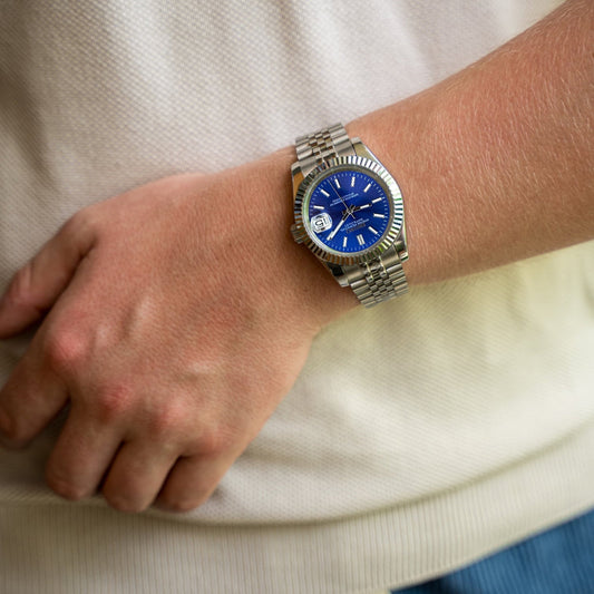 SEIKO Silver Stainless Steel Watch Fluted Bezel Blue Sunburst Dial Jubilee Bracelet Premium Automatic Watch – Men