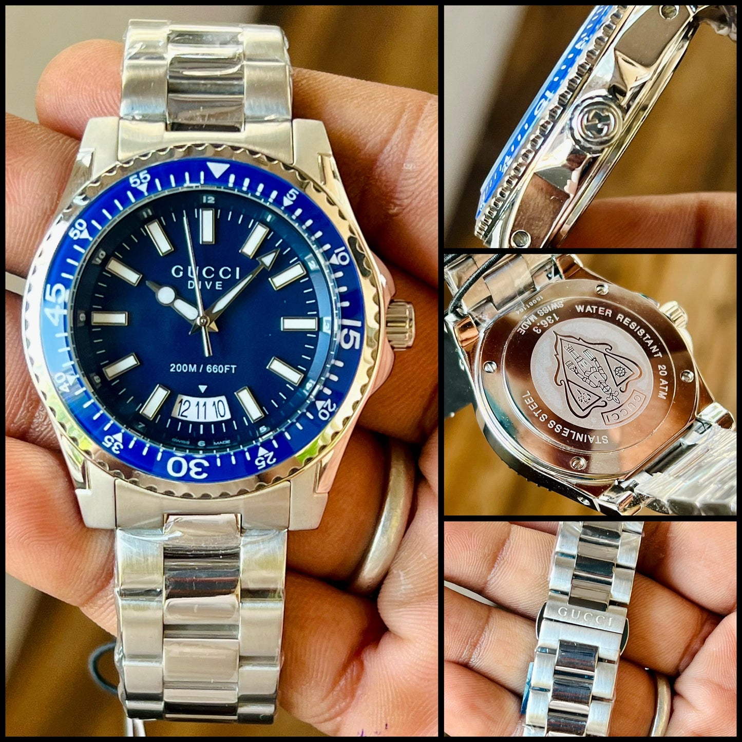 GUCCI DIVE YA136203 BEST HIGH PREMIUM QUALITY PURE JAPAN MACHINE FULL STEEL METAL BELT BLUE DIAL