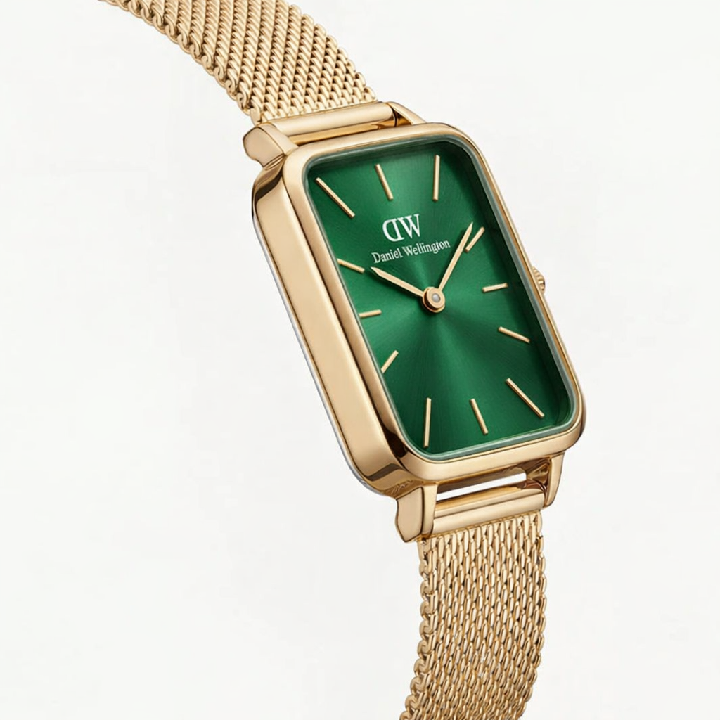 DW Gold Rectangular green Dial Mesh Strap Watch