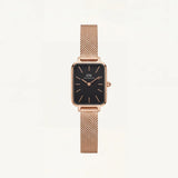 Rose Gold Rectangular Black Dial Mesh Strap Minimal Watch