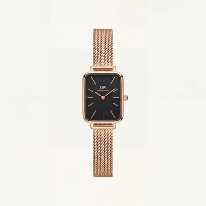 Rose Gold Rectangular Black Dial Mesh Strap Minimal Watch