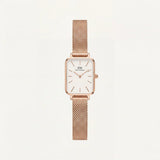 Rose Gold Rectangular White Dial Mesh Strap Minimal Watch