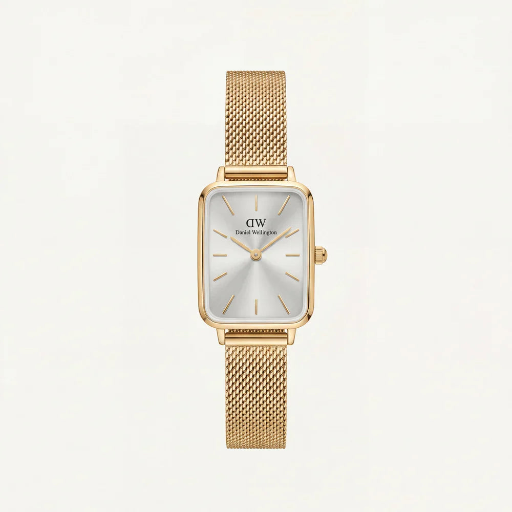 Gold Rectangular Silver Sunray Dial Mesh Strap Watch