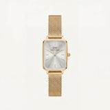 Gold Rectangular Silver Sunray Dial Mesh Strap Watch