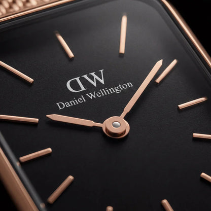Rose Gold Rectangular Black Dial Mesh Strap Minimal Watch