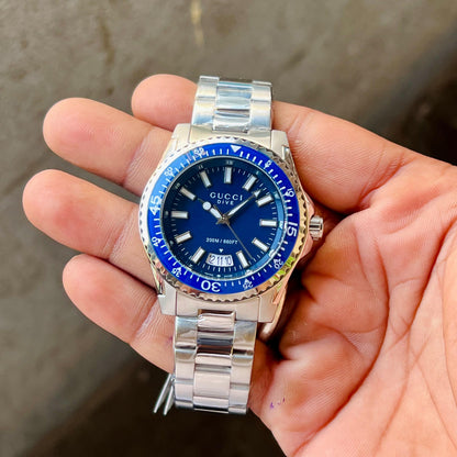 GUCCI DIVE  YA136203 BEST HIGH PREMIUM QUALITY PURE JAPAN MACHINE FULL STEEL METAL BELT BLUE DIAL