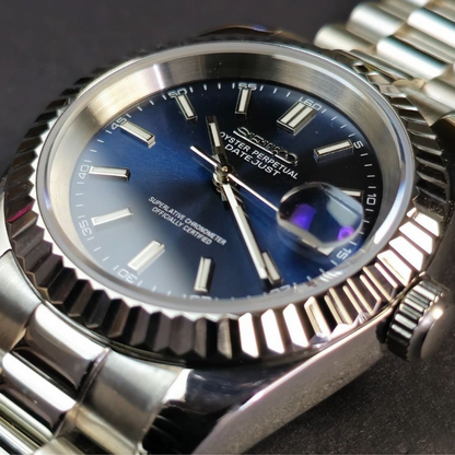 SEIKO Silver Stainless Steel Watch Fluted Bezel Blue Sunburst Dial Jubilee Bracelet Premium Automatic Watch – Men