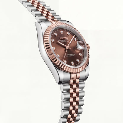 Seiko Two-Tone Rose Gold Watch Fluted Bezel Brown Sunburst Dial Diamond Hour Markers Stainless Steel Jubilee Bracelet – Men