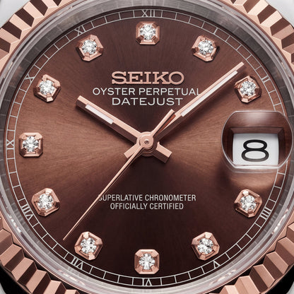 Seiko Two-Tone Rose Gold Watch Fluted Bezel Brown Sunburst Dial Diamond Hour Markers Stainless Steel Jubilee Bracelet – Men